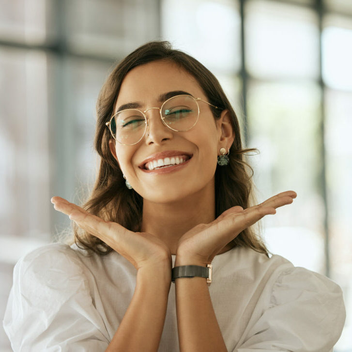 happy woman wearing glasses
